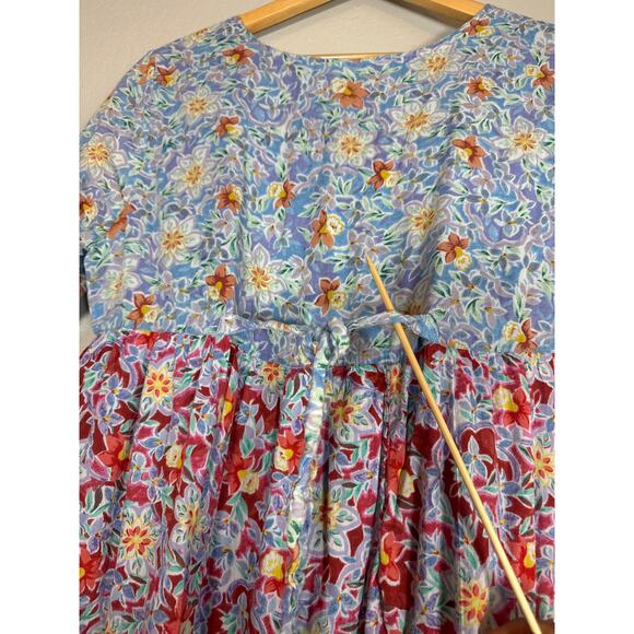 Vintage Multicolor Tiered Floral Maxi Dress Large Short Sleeve Cotton Cottage - Picture 5 of 7
